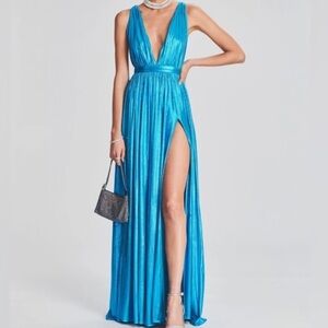 NWT RETROFETE Tova Shimmer Halter Dress in Aqua Blue